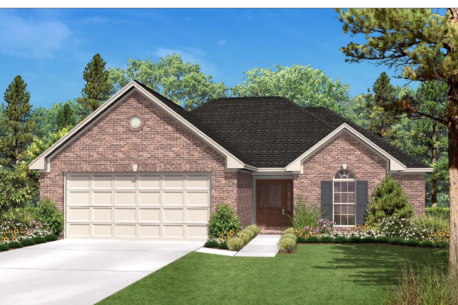 Plan rendering for 617 Ridgeroad Dr, a single-story brick home with a two-car garage
